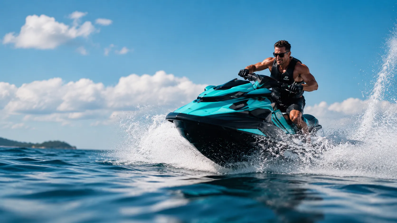 Pareja navegando en moto de agua de alquiler frente a la costa mediterránea